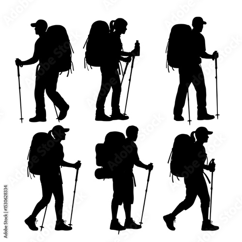 Hikers with backpacks and trekking poles silhouette isolated on transparent background