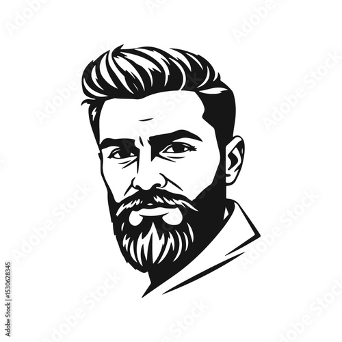 Stylized male face with thick hair and full beard, strong expression, bold lines, monochrome vector portrait, hipster style, bearded man, modern haircut, masculine face, vector portrait