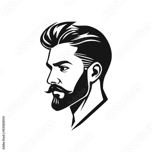 Stylized male face with thick hair and full beard, strong expression, bold lines, monochrome vector portrait, hipster style, bearded man, modern haircut, masculine face, vector portrait