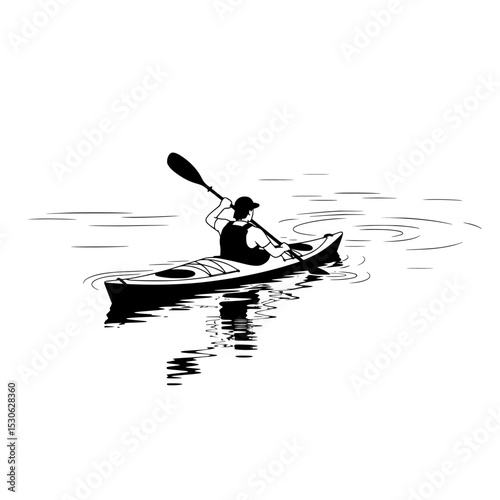 Kayaker silhouette on calm water isolated on transparent background. Kayaker paddling on calm water silhouette isolated on transparent background. Kayaker art 