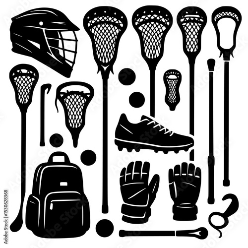 Lacrosse equipment silhouette collection isolated on transparent background