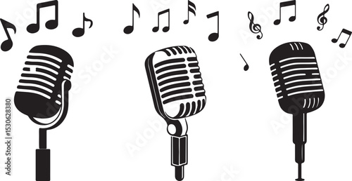 Trio of Vintage Microphones with Musical Notes for Retro Music Theme