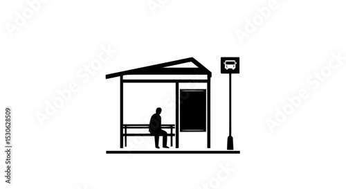 Man waiting at bus stop silhouette isolated on transparent background