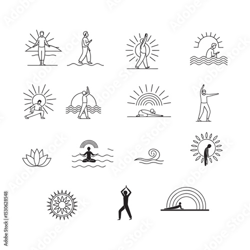 outline vector icons of meditative sun scenes: yoga on beach, person under sun, sunrise meditation, peaceful rays, open arms to sun, breath icon, balance with light, calming glow. set of line style