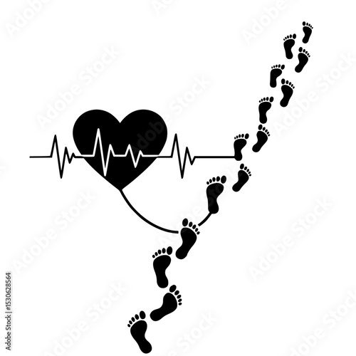 Heart rate monitor with footprints silhouette isolated on transparent background