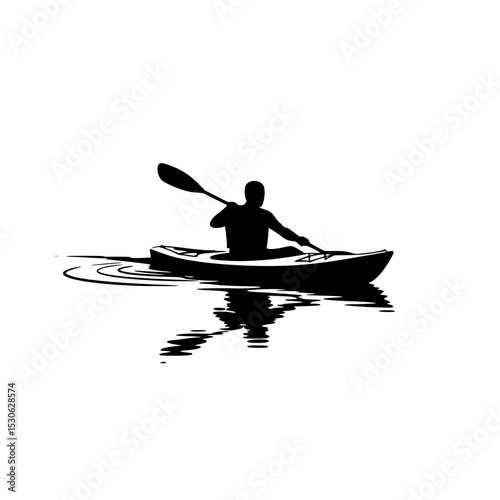 Kayaker silhouette on calm water isolated on transparent background. Kayaker paddling on calm water silhouette isolated on transparent background. Kayaker art 