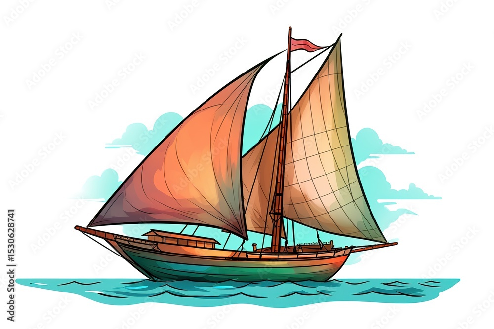 Fototapeta premium Colorful illustrated sailing boat floating on the calm sea with cloudy sky