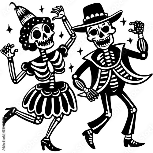 Dancing skeletons in calavera style for dia de muertos