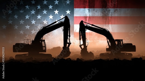 American Construction Machinery Silhouette Against Flag
