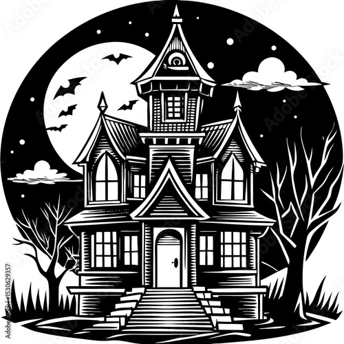 Haunted house halloween black and white illustration