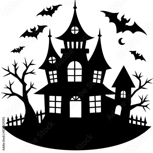 Halloween haunted house silhouette with bats