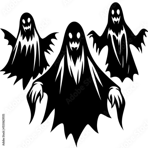 Three spooky halloween ghosts illustration