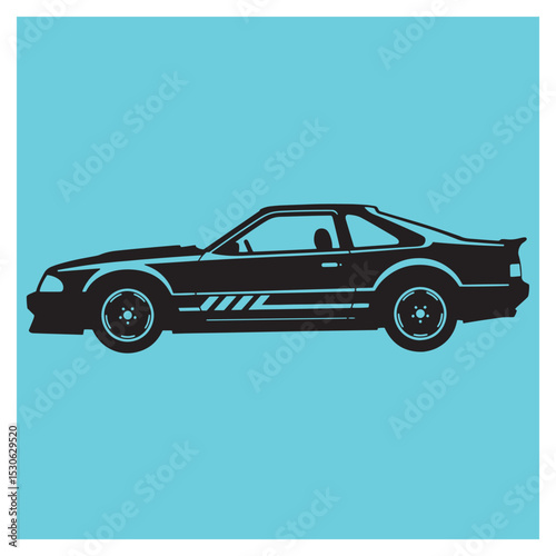 Sleek silhouette of a black classic sports coupe on a light blue background