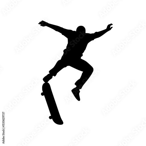 Skateboarder silhouette jumping high action pose isolated on transparent background. Skateboarder silhouette mid air trick isolated on transparent background