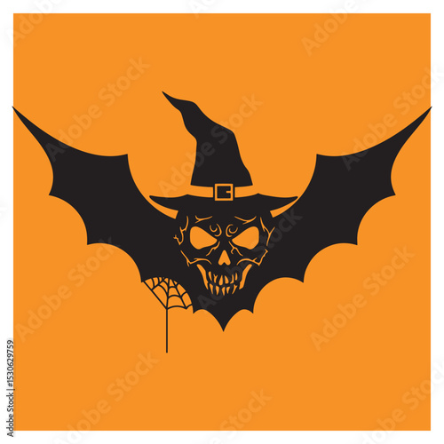 Spooky halloween bat illustration featuring a skull witch with a black hat and web