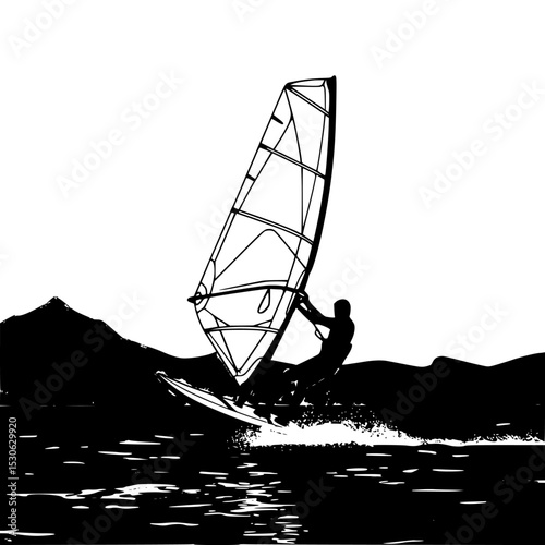 Windsurfer silhouette on lake with mountains background isolated on transparent background