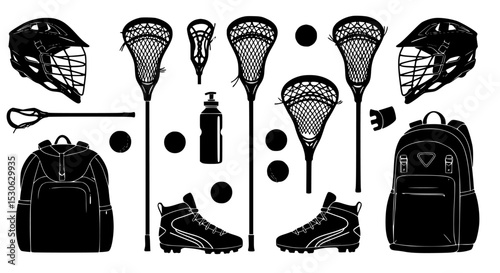 Lacrosse equipment silhouette collection isolated on transparent background