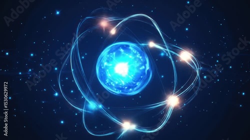 Glowing Blue Atom on Dark Background