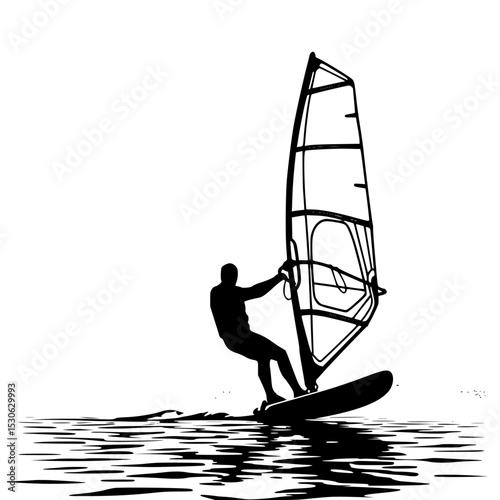 Windsurfer silhouette on lake with mountains background isolated on transparent background