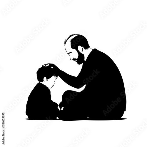 Father and son sitting together silhouette isolated on transparent background