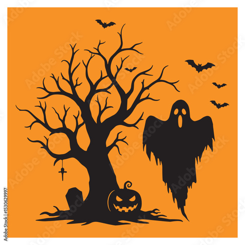 Spooky halloween scene with silhouette tree ghost bats and carved jack o lantern pumpkin on orange background