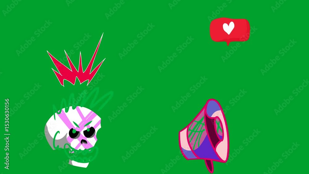 A green screen with three different colored objects  background skull and heart several bunch of hearts balloons two skulls on it red animated chromakey background elements creative