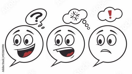 Illustration of three speech bubbles showing different emotions including happy surprised and angry faces drawing