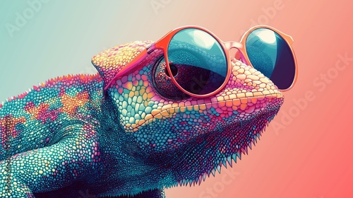 Colorful lizard with vibrant scales wearing pink sunglasses on soft pastel background. Concept of quirky summer fashion and fun