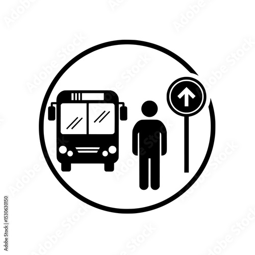 Bus stop silhouette icon in circle isolated on transparent background