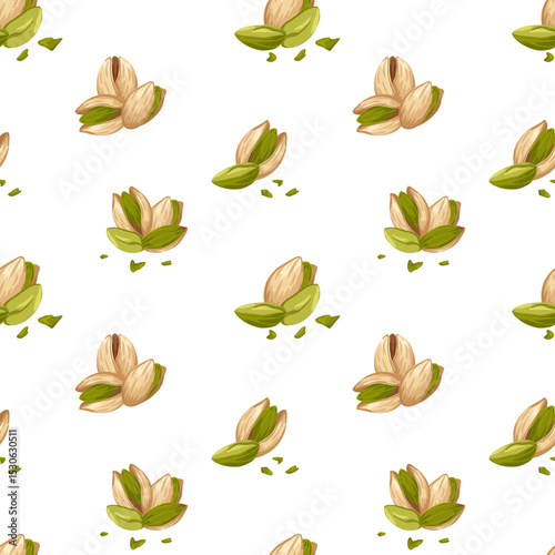 Pistachio compositions vector cartoon hand drawn seamless pattern. Nuts in shell and crushed food illustration for packaging, wrapping, textile design, kitchen decor, product visuals, menu