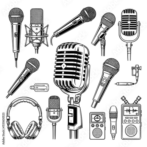 Studio recording equipment silhouette collection isolated on transparent background. Podcast equipment icons silhouette isolated on transparent background.