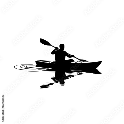 Kayaker silhouette on calm water isolated on transparent background. Kayaker paddling on calm water silhouette isolated on transparent background. Kayaker art 