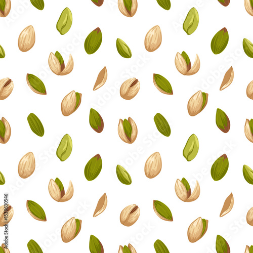 Pistachio pattern with nuts in different forms. Vector cartoon hand drawn seamless pattern. Food illustration for packaging, wrapping, textile design, kitchen decor, product visuals, menu