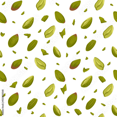 Pistachio vector cartoon hand drawn seamless pattern. Falling nuts food illustration. Open and crushed pistachios motif for packaging, wrapping, textile design, kitchen decor, product visuals, menu