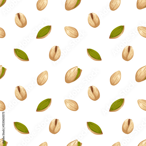 Pistachio pattern with nuts in different forms. Vector cartoon hand drawn seamless pattern. Food illustration for packaging, wrapping, textile design, kitchen decor, product visuals, menu
