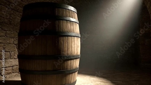 Wooden barrel in a dimly lit cellar photo