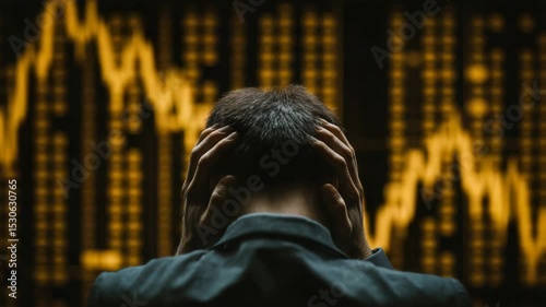 A person holding their head in distress with fluctuating stock market graphs in the background.
