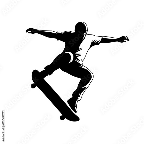 Skateboarder silhouette jumping high action pose isolated on transparent background. Skateboarder silhouette mid air trick isolated on transparent background