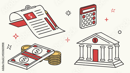 Isometric financial planning elements featuring bank building, calculator, money, and paperwork on white