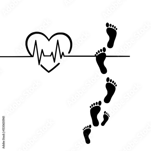 Heart rate monitor with footprints silhouette isolated on transparent background