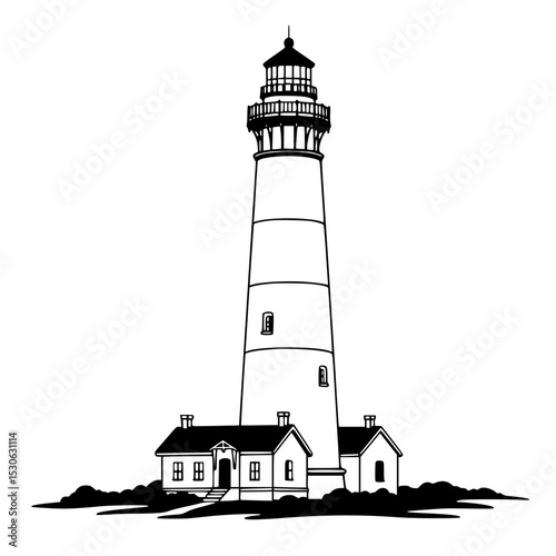 Coastal lighthouse silhouette with keeper houses isolated on transparent background