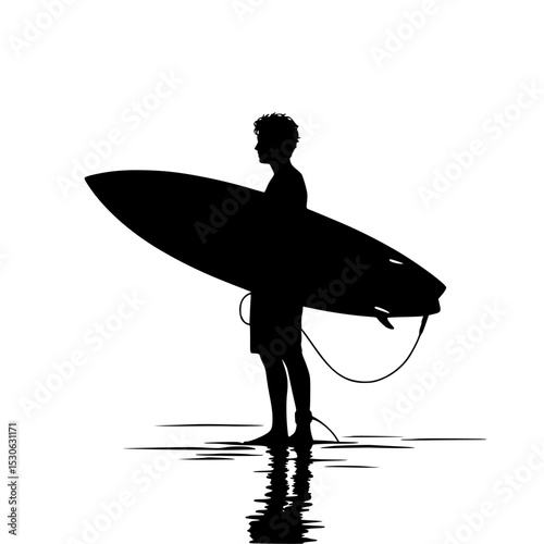 Surfer silhouette at the beach holding surfboard isolated on transparent background