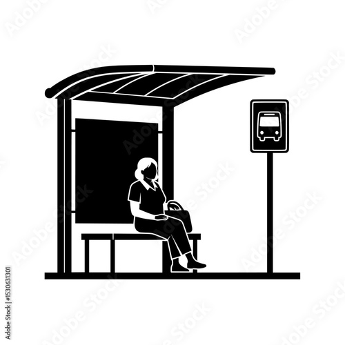 Women sitting at bus stop silhouette isolated on transparent background