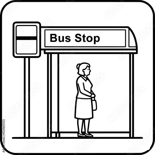 Bus stop silhouette icon woman waiting for transportation silhouette isolated on transparent background
