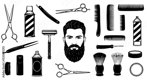 Barbershop tools and bearded man silhouette collection isolated on transparent background