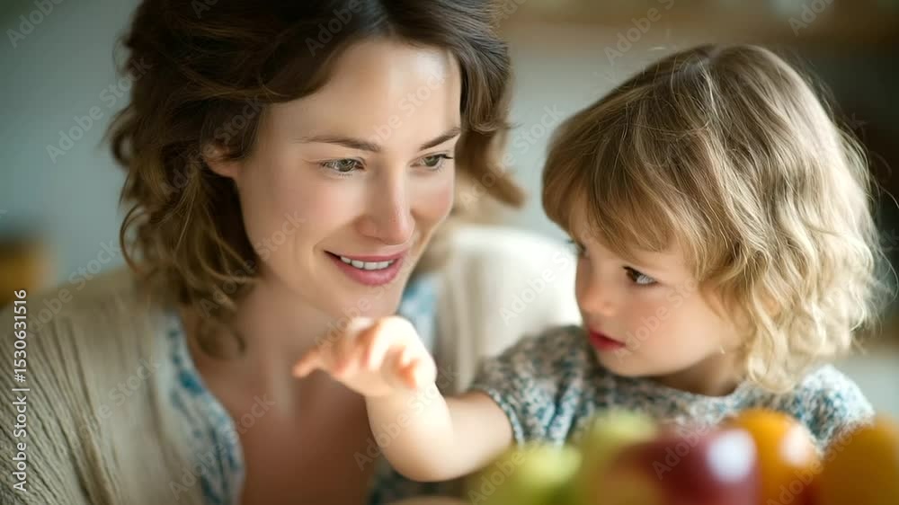 A mother teaches her child counting skills using colorful fruits. A mother teaches her child counting skills using colorful fruits.