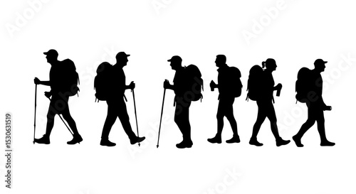 Hikers with backpacks and trekking poles silhouette isolated on transparent background