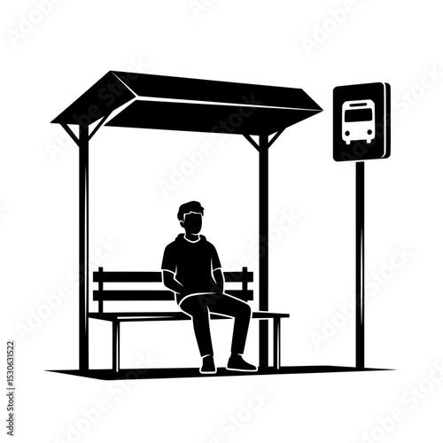 Man waiting at bus stop silhouette isolated on transparent background
