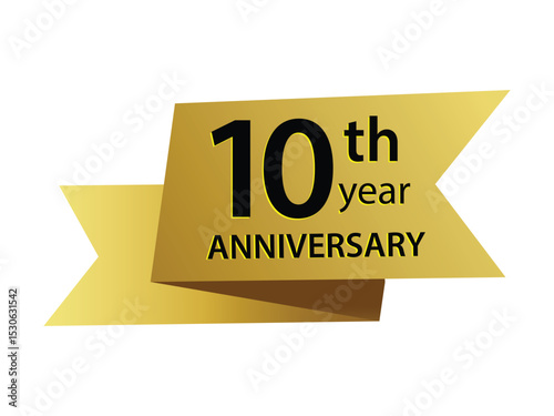 Golden ribbon anniversary emblem. 10 years birthday celebration design for party and invitation card. Vector illustration. 