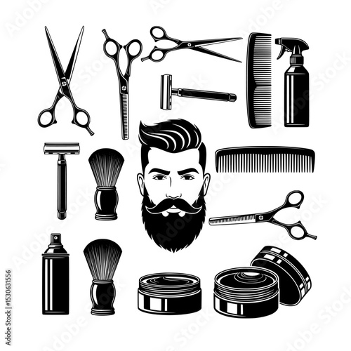 Barbershop tools and bearded man silhouette collection isolated on transparent background